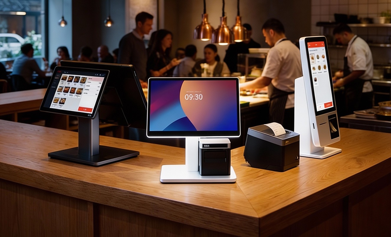 Dotpe POS terminals, a receipt printer and a self-ordering kiosk on a restaurant counter